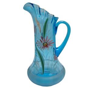 Antique Blue Victorian Hand painted Glass Pitcher With Frosted Bottom